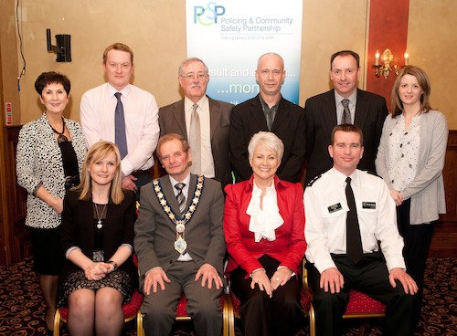 Pictured at the Policing and Community Safety Partnership Youth Awards evening are, Back Row, Hilary Halliday, Chris Donaldson (NFU), THomas McCall (CEO Newry and Mourne Council), Cllr Roy McCartney (Chair of Peace III), Cllr Michael Ruane (Chairperson of PCSP), Kerri Morrow. Front Row, Heather McKee, Mayor John McArdle, Pamela Ballantine and Inspector Nigel Henry (PSNI). Photograph: Peter Clarke